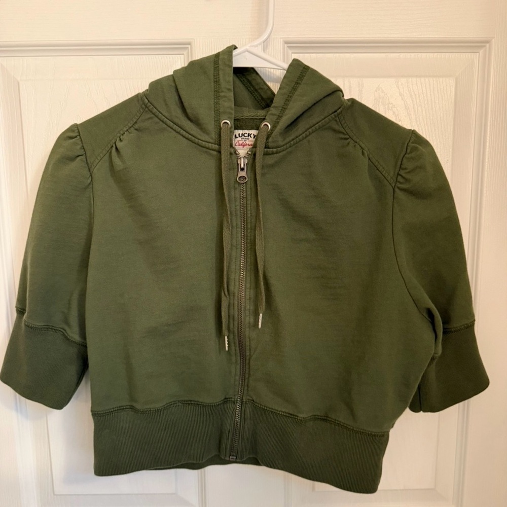 2000s Lucky Brand Olive Cropped Zip-Up Hoodie short sleeve. Y2K
